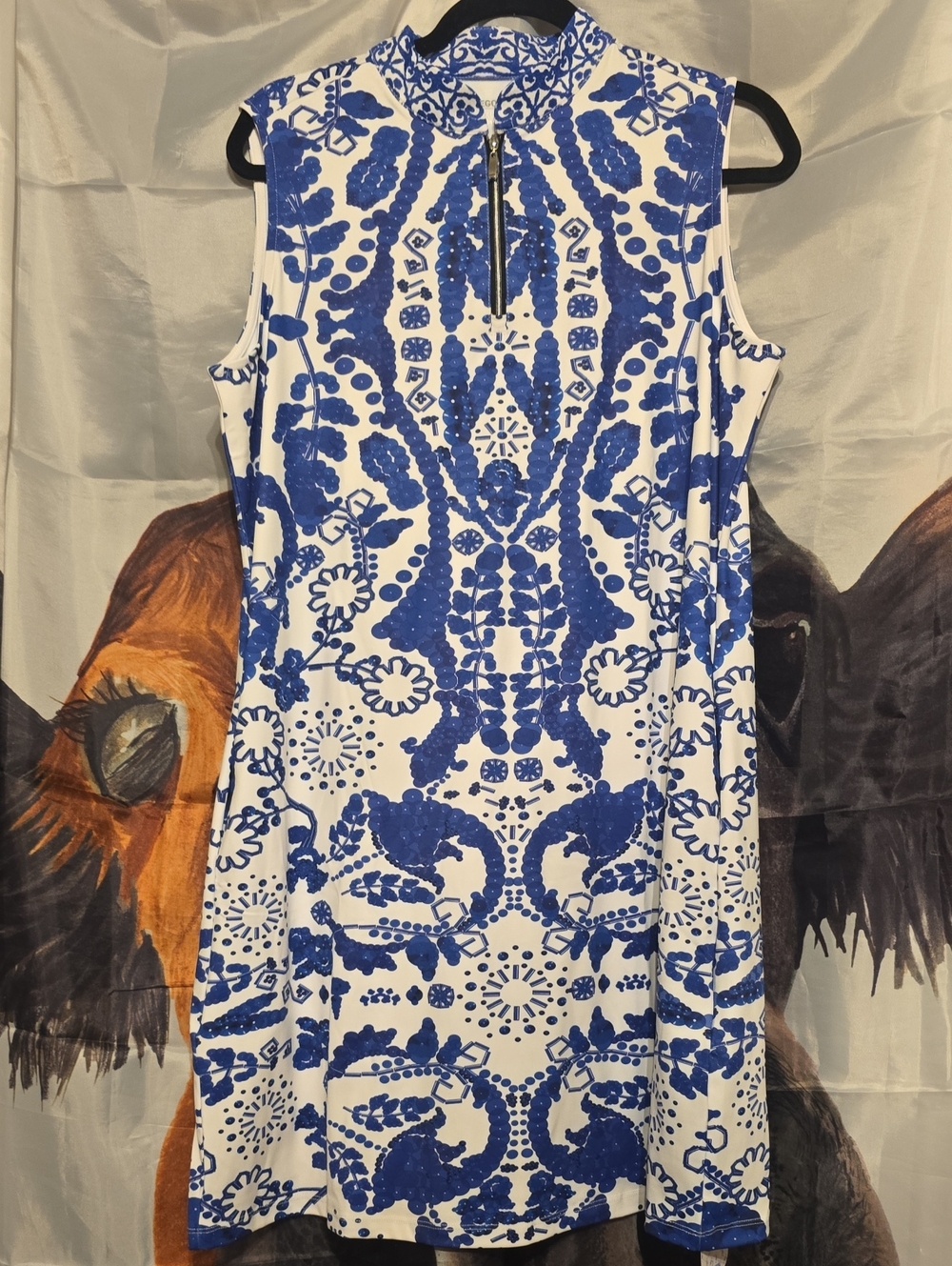 Sleeveless White Mini Dress with Blue Ornate Print